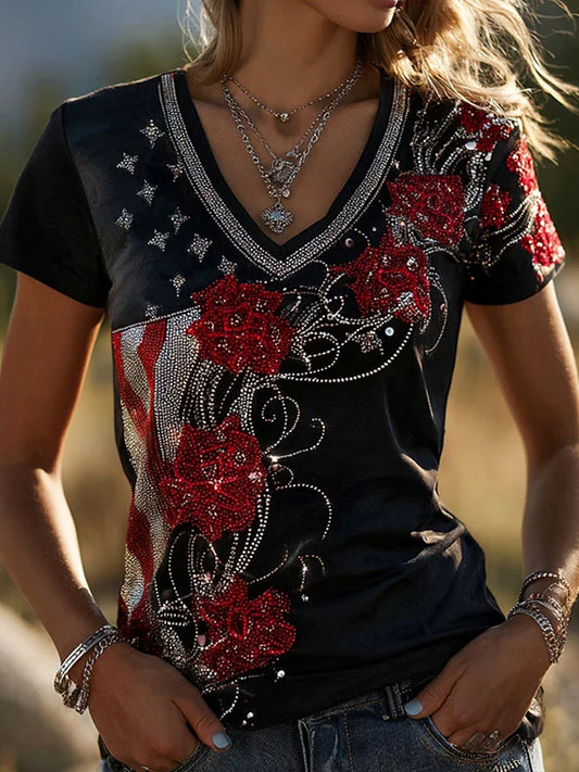 Women's Retro American-Style Floral Patchwork Print T-Shirt