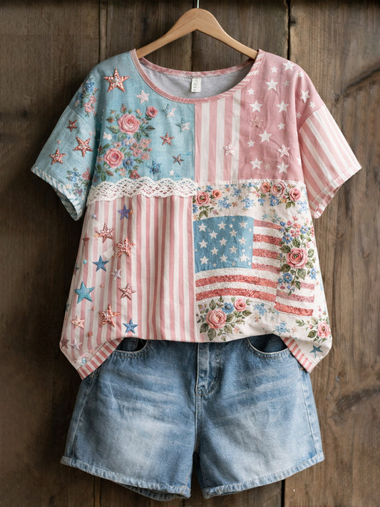 Women's Retro American Floral Patchwork Print Casual T-shirt