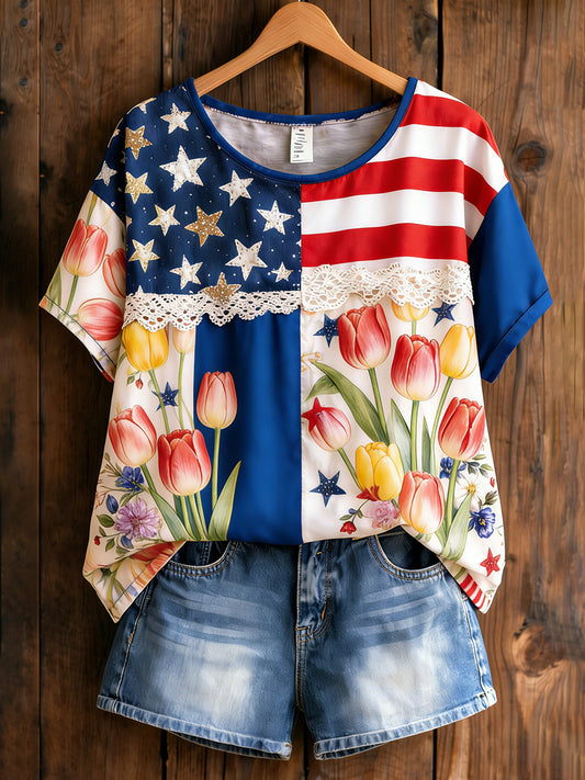 Women's Retro American Floral Patchwork Print Casual T-shirt