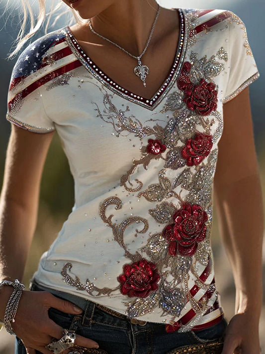 Women's Retro American-Style Floral Patchwork Print T-Shirt