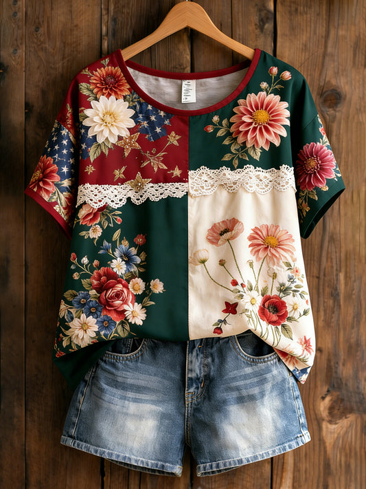 Women's Retro American Floral Patchwork Print Casual T-shirt