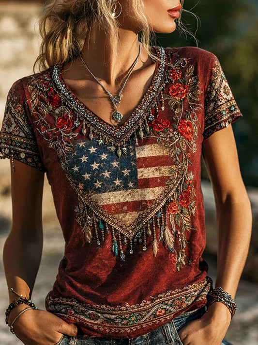 Women's Retro American-Style Floral Patchwork Print T-Shirt