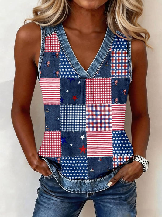 Women's Independence Day Inspired Print Denim Patchwork Top