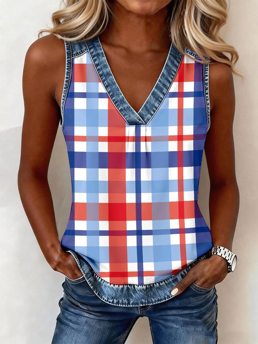 Women's Striped Print Denim Patchwork Top