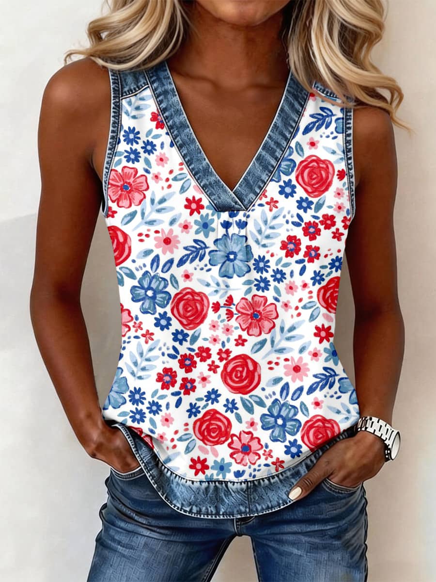 Women's Independence Day Flower Print Denim Patchwork Top
