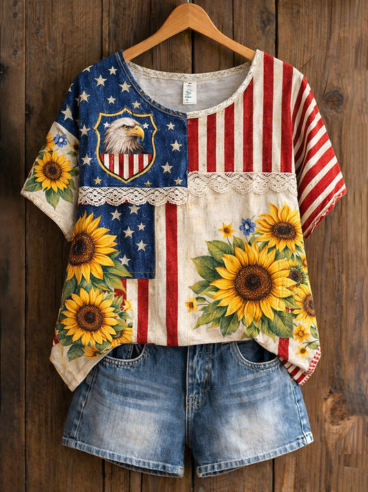 Women's Retro American Floral Patchwork Print Casual T-shirt