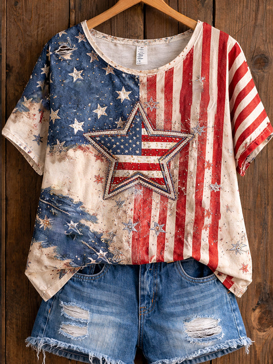 Women's Retro American Floral Patchwork Print Casual T-shirt