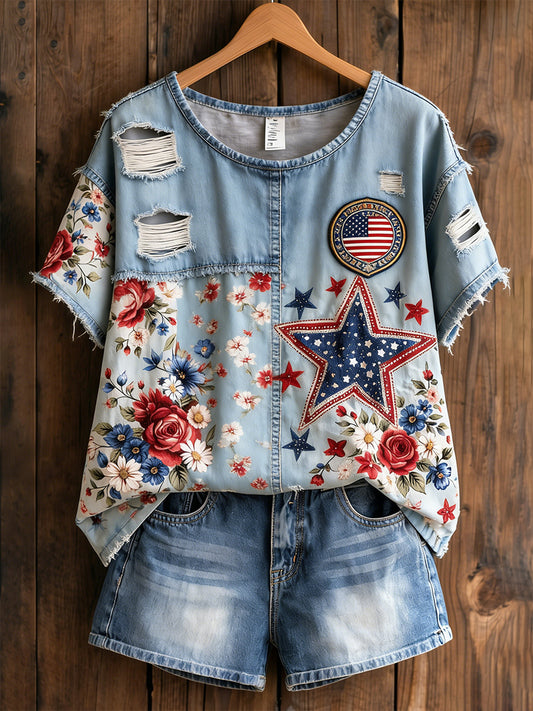 Women's Retro American Floral Patchwork Print Casual T-shirt