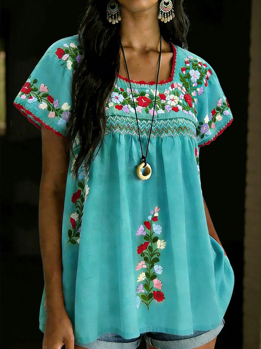 Women's Mexican Floral Short Sleeves Shirt