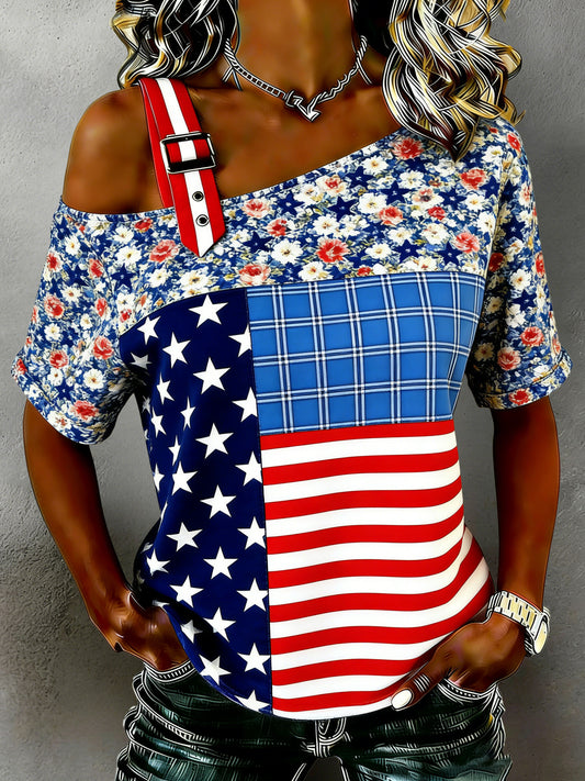 Women's American Commemorative Art Print Spliced T-Shirt