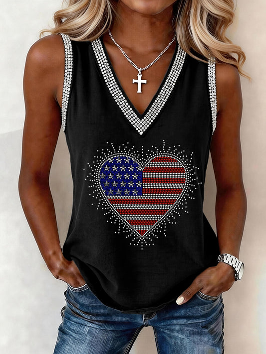 Women's American Flag Heart Rhinestone Pattern V-Neck Tank Top