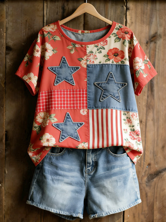 Women's American Commemorative Art Print Spliced T-Shirt