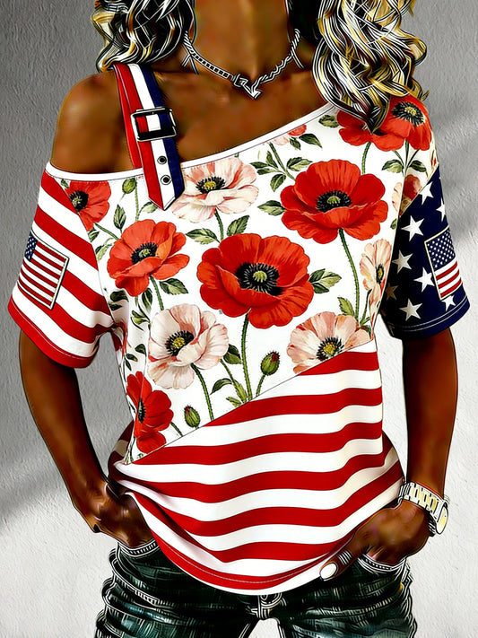 Women's American Commemorative Art Print Spliced T-Shirt
