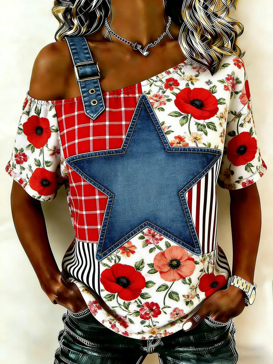Women's American Commemorative Art Print Spliced T-Shirt