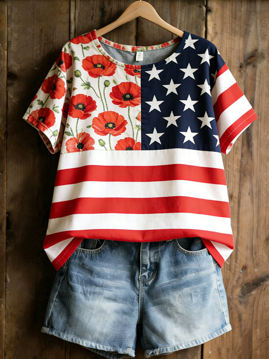 Women's American Commemorative Art Print Spliced T-Shirt