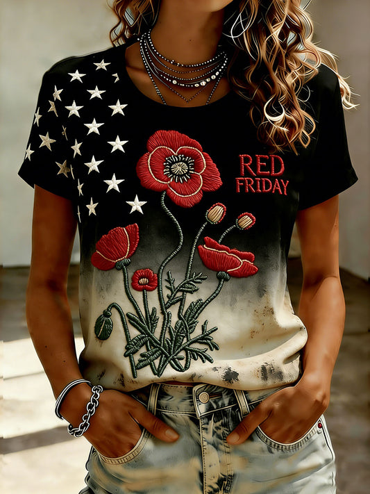 Women's Red Friday Print Casual T-Shirt