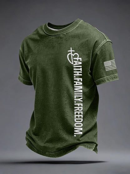 Men's Faith Family Freedom Embroidery Pattern T-Shirt