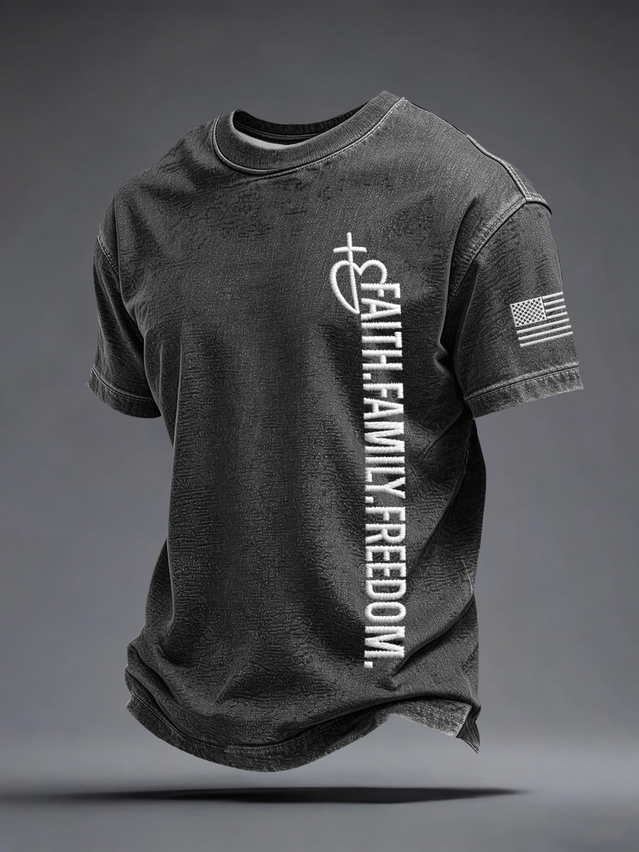 Men's Faith Family Freedom Embroidery Pattern T-Shirt