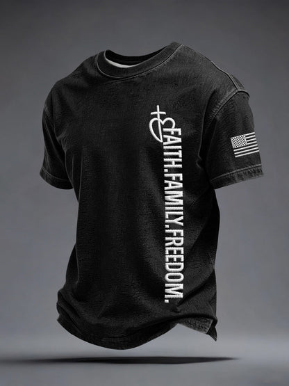 Men's Faith Family Freedom Embroidery Pattern T-Shirt