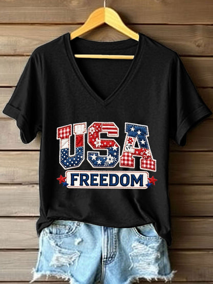 Women's USA Embroidery Pattern V-Neck T-Shirt