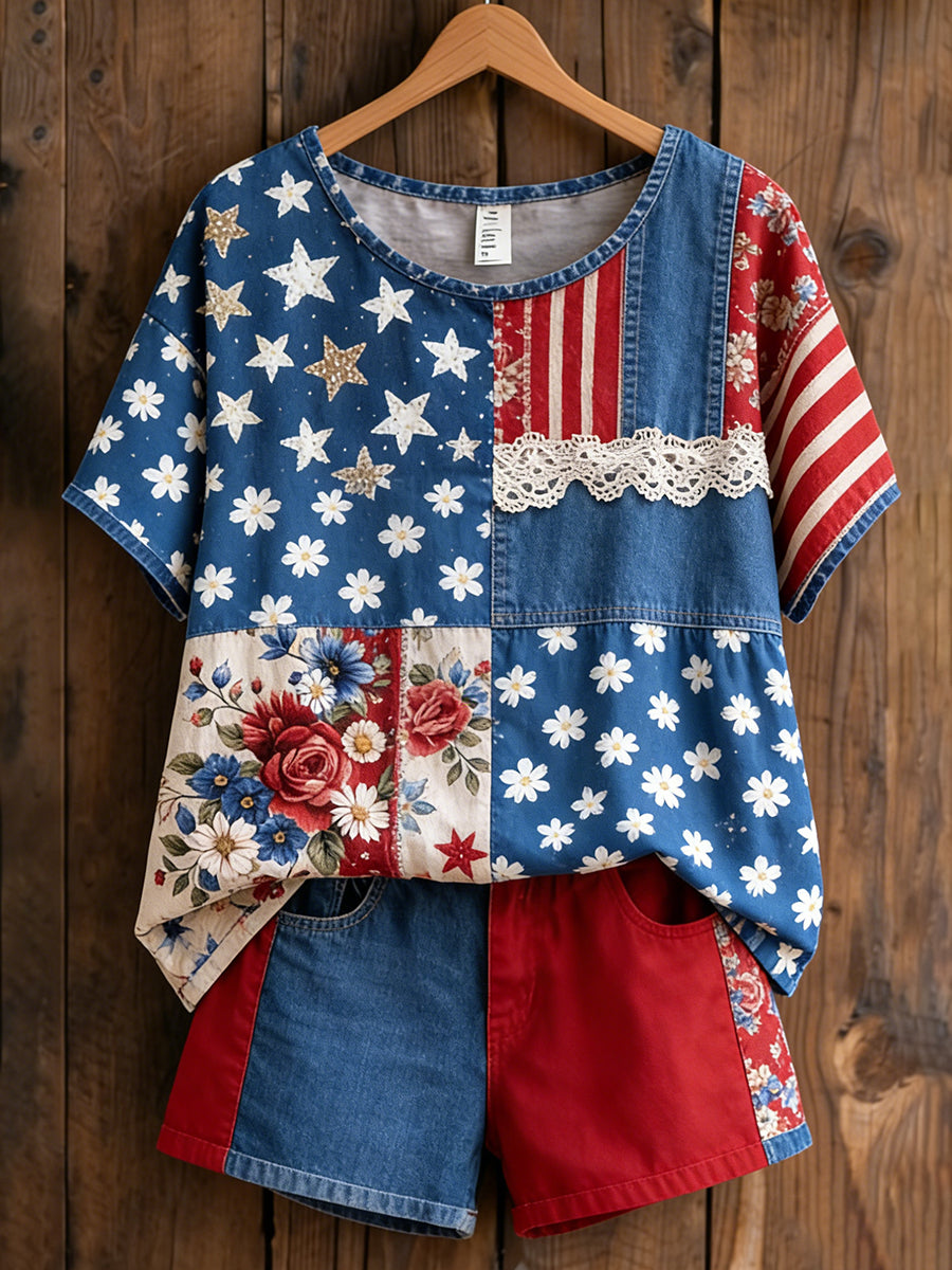 Women's Retro American Floral Patchwork Print Casual T-shirt