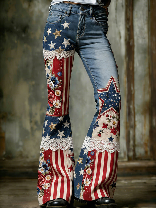 Women's Vintage American-Style Floral Patchwork & Print Casual Jeans