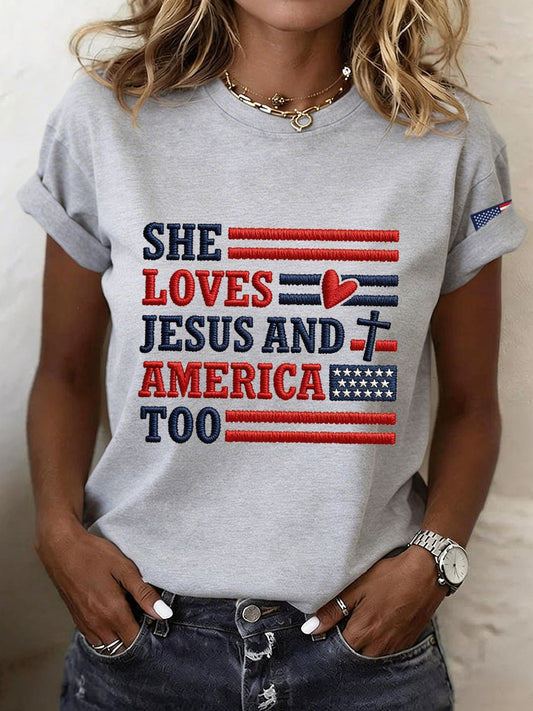 Women's She Loves Jesus And America Embroidery Pattern T-Shirt
