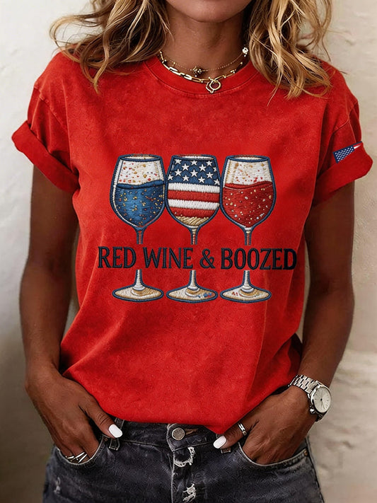 Women's Red Wine & Boozed Embroidery Pattern T-Shirt