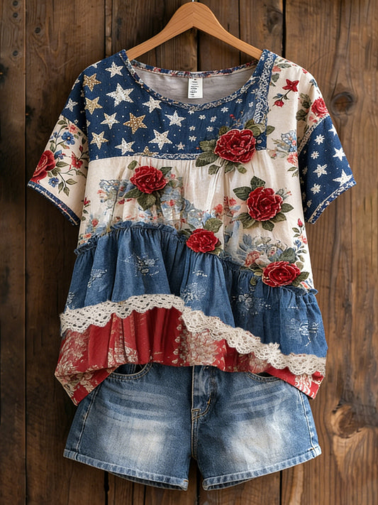 Women's Retro American Floral Patchwork Print Casual T-shirt