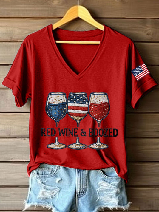 Women's Red Wine & Boozed Embroidery Pattern V-Neck T-Shirt
