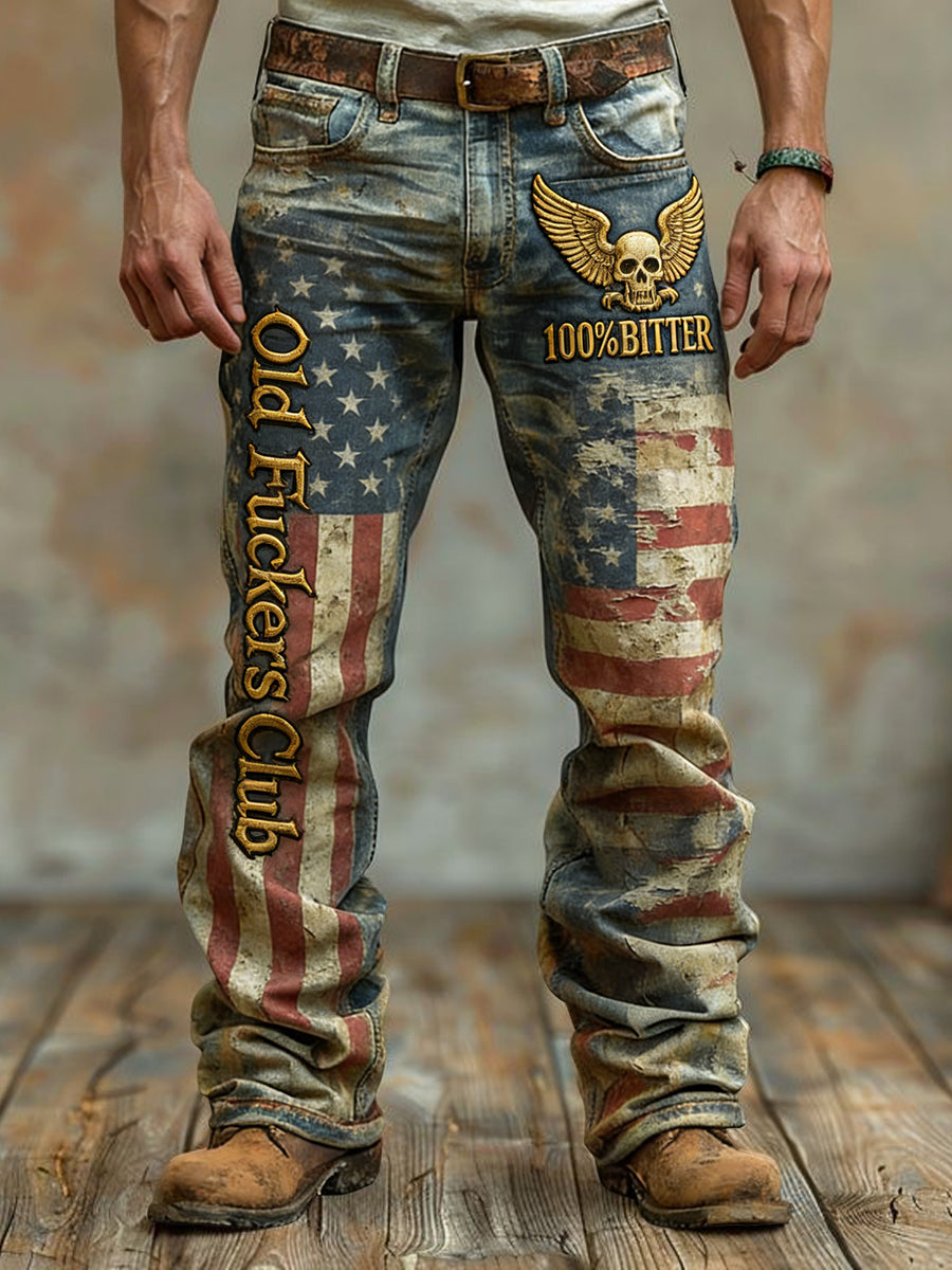 Men's Vintage-Washed “Old Fuckers Club” Casual Pants
