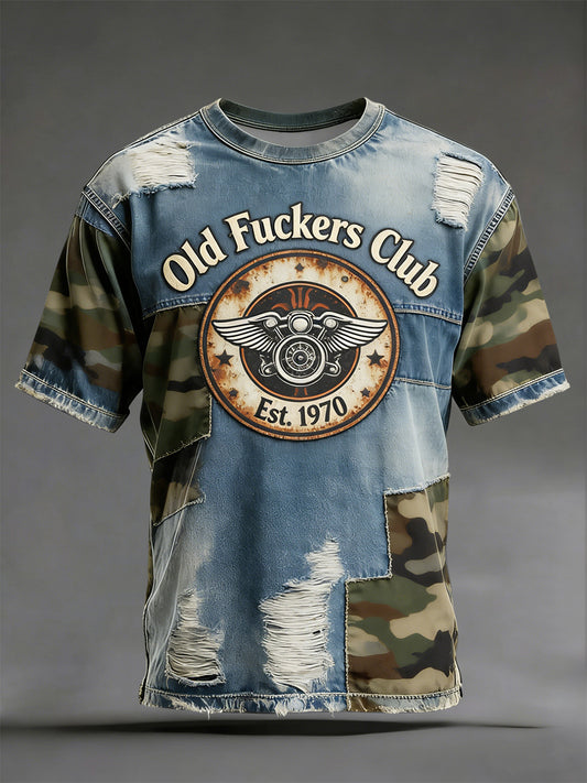 Vintage-Washed “Old Fuckers Club” Patchwork Casual T-Shirt