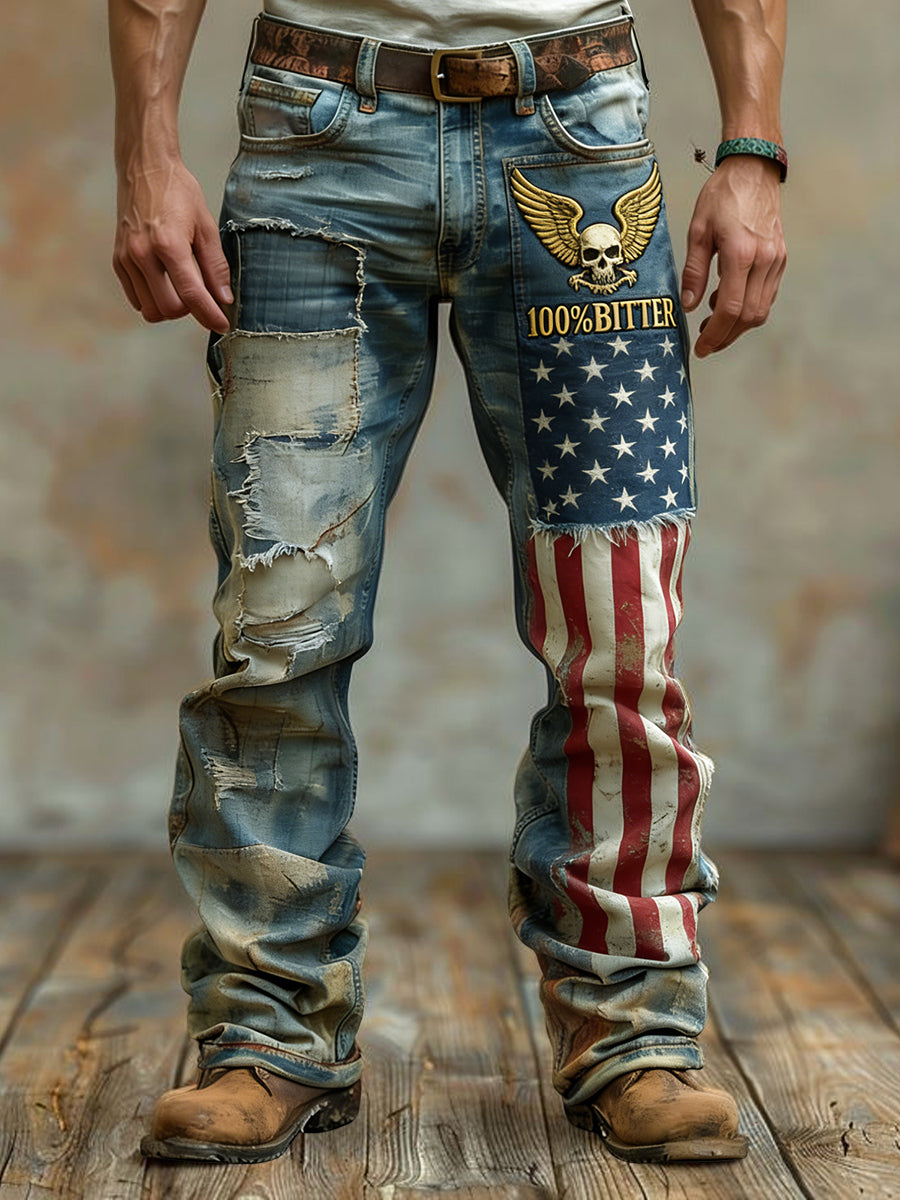 Men's Vintage-Washed “Old Fuckers Club” Patchwork Casual Trousers