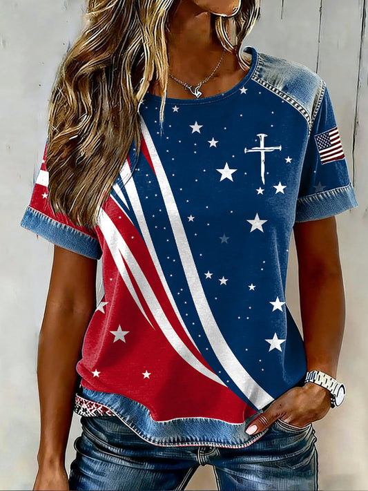 Women's Retro Patriotic Art Commemorative Print Casual T-Shirt