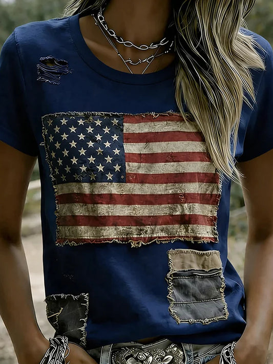 Women's Retro Patriotic Art Commemorative Print Casual T-Shirt