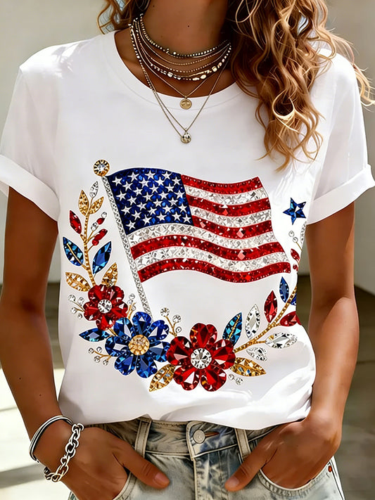 Women's Retro Patriotic Art Commemorative Print Casual T-Shirt