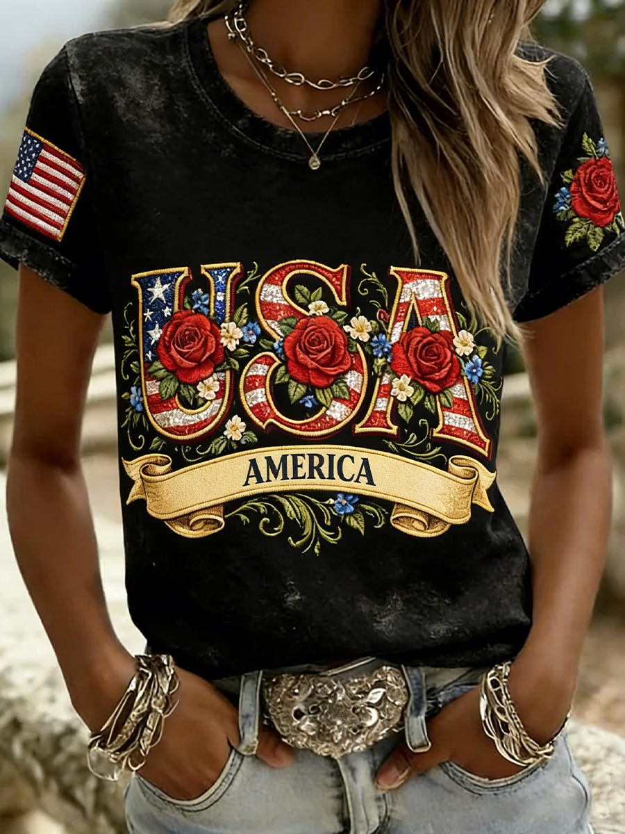 Women's Retro Patriotic Art Commemorative Print Casual T-Shirt