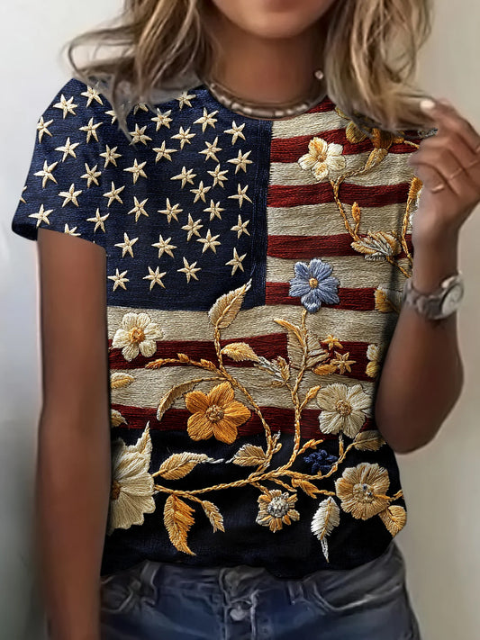 Women's Retro Patriotic Art Commemorative Print Casual T-Shirt