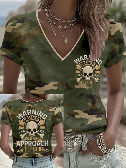 Women's 'warning grumpy old git approach with caution' V-neck T-shirts