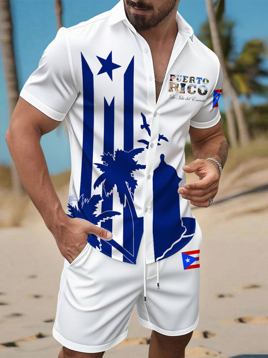 Men's Puerto Rico Print Vacation Shirt And Shorts Set