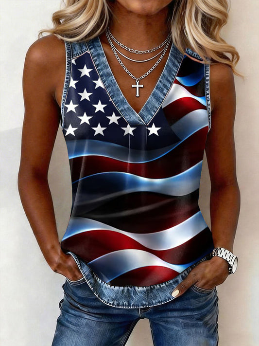 Women's American Flag Print Denim Patchwork Top
