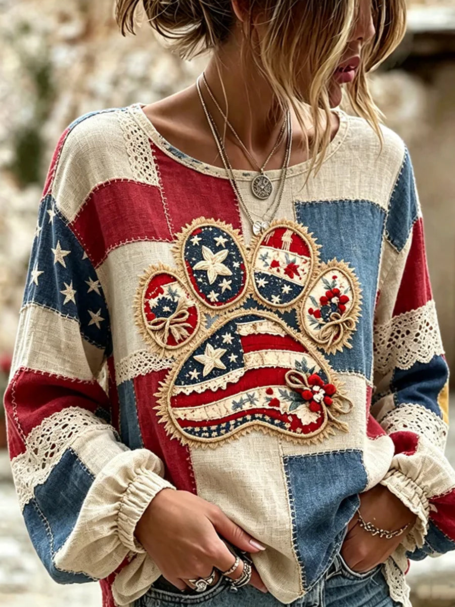 Women's Vintage American-Style Floral Patchwork & Print Casual Cotton-Linen Top