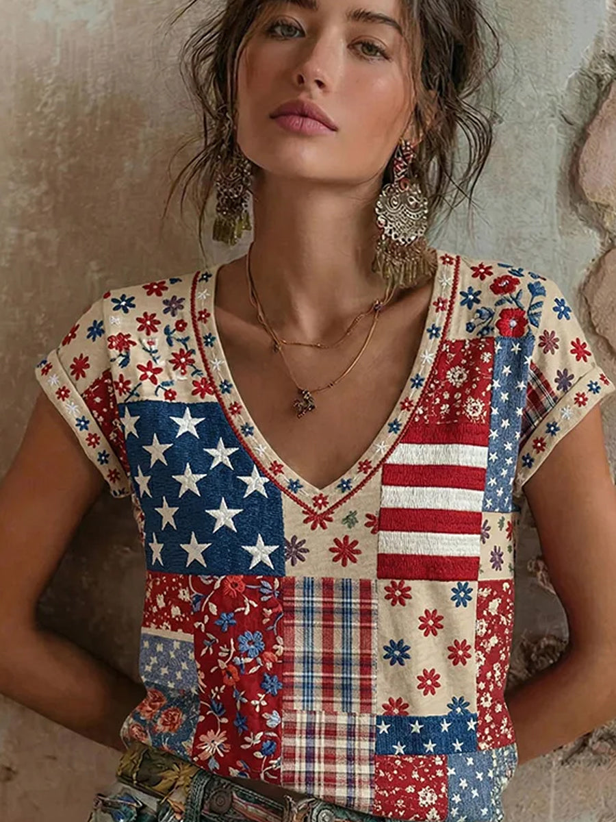 Women's Vintage American-Style Floral Patchwork & Print Casual Cotton-Linen Top