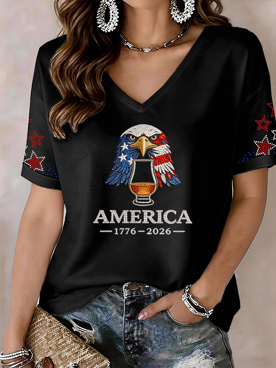 Women's America 1776-2026 Rhinestone Pattern V-Neck T-Shirt