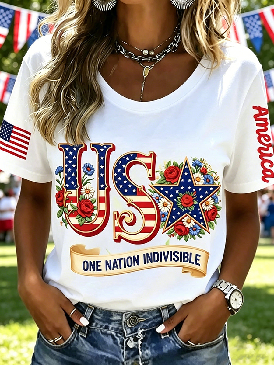 Women's Independence Day Printed Vintage Fashion Loose Short Sleeve T-Shirt
