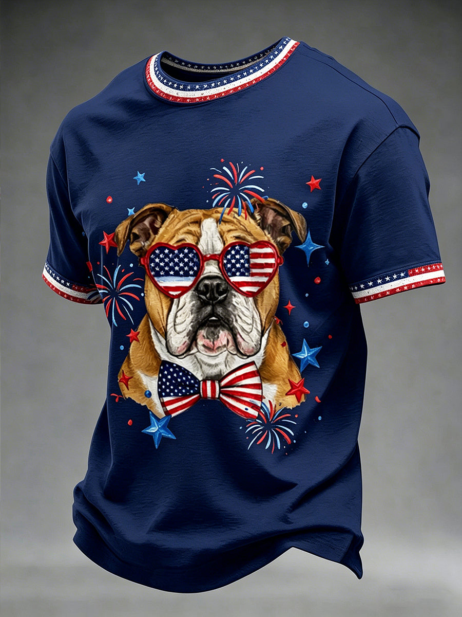 Men's Independence Day Dog Printed Vintage Fashion Loose Short Sleeve T-Shirt