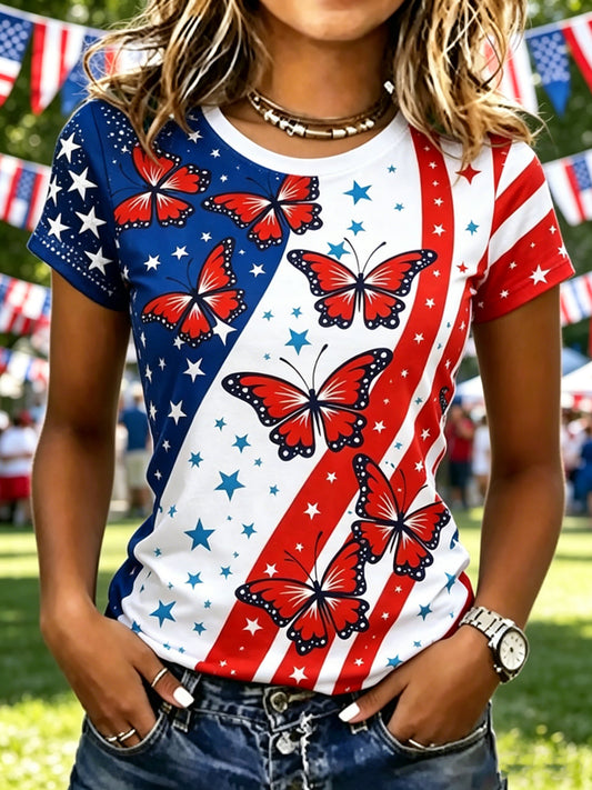 Women's Independence Day Printed Vintage Fashion Loose Short Sleeve T-Shirt