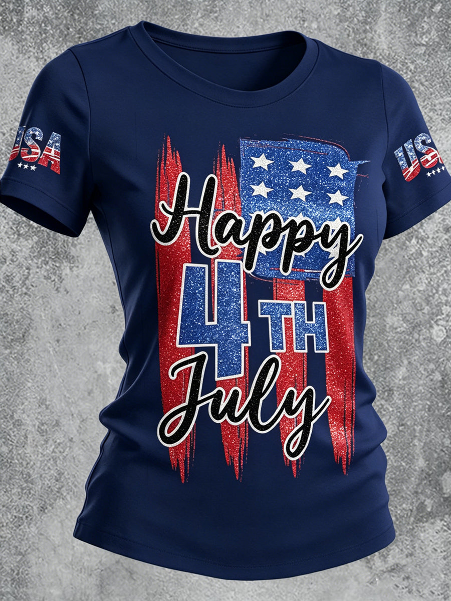 Women's Independence Day Printed Vintage Fashion Loose Short Sleeve T-Shirt