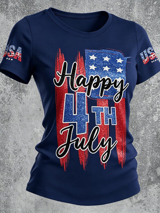 Women's Independence Day Printed Vintage Fashion Loose Short Sleeve T-Shirt