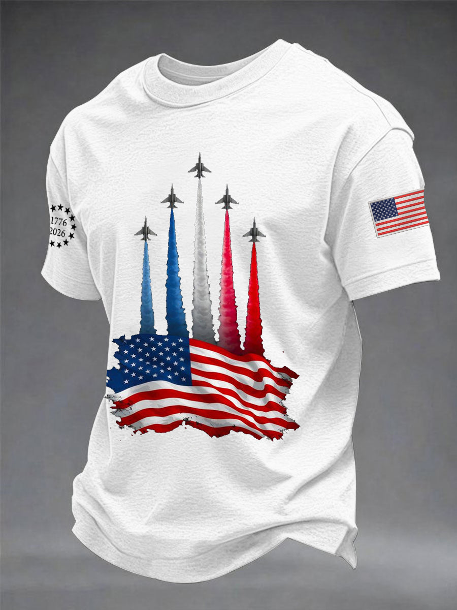 Men's Independence Day American Flag Jet Planes Print Casual Tee